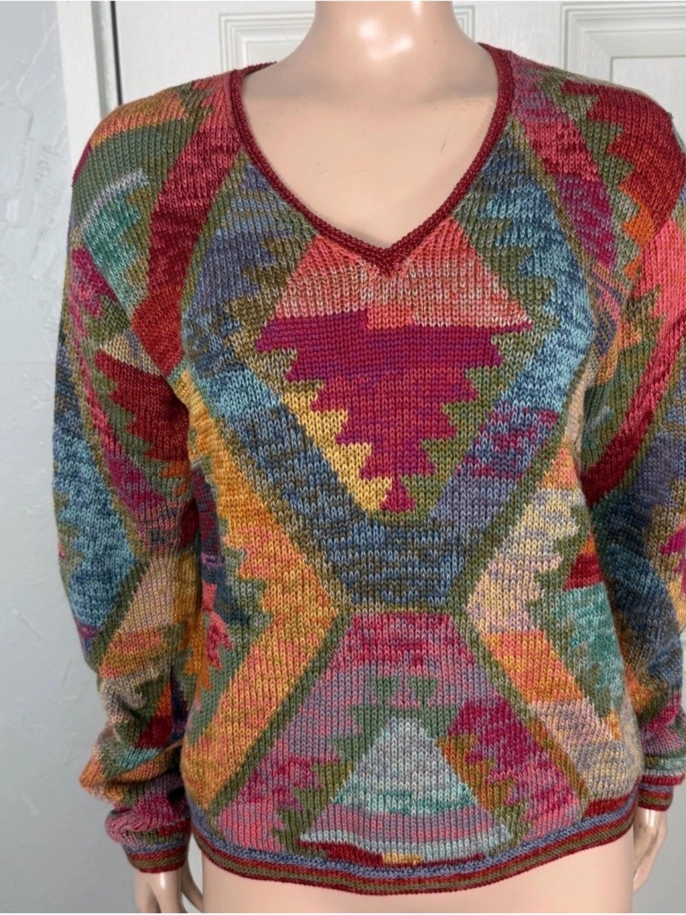 Peruvian Connection Women's Sweater M Pima Cotton V-neck Geometric Aztec Tribal
